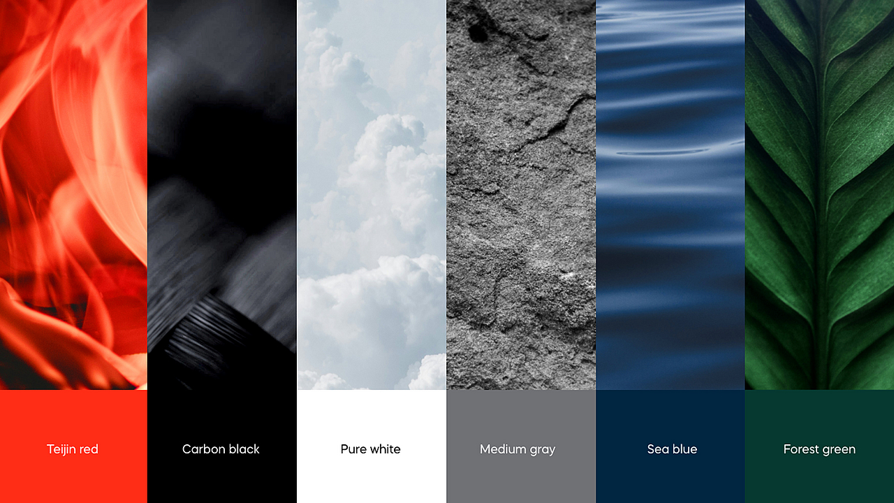 Sechs vertikale Farbstreifen mit den Beschriftungen Teijin red, Carbon black, Pure white, Medium gray, Sea blue und Forest green.