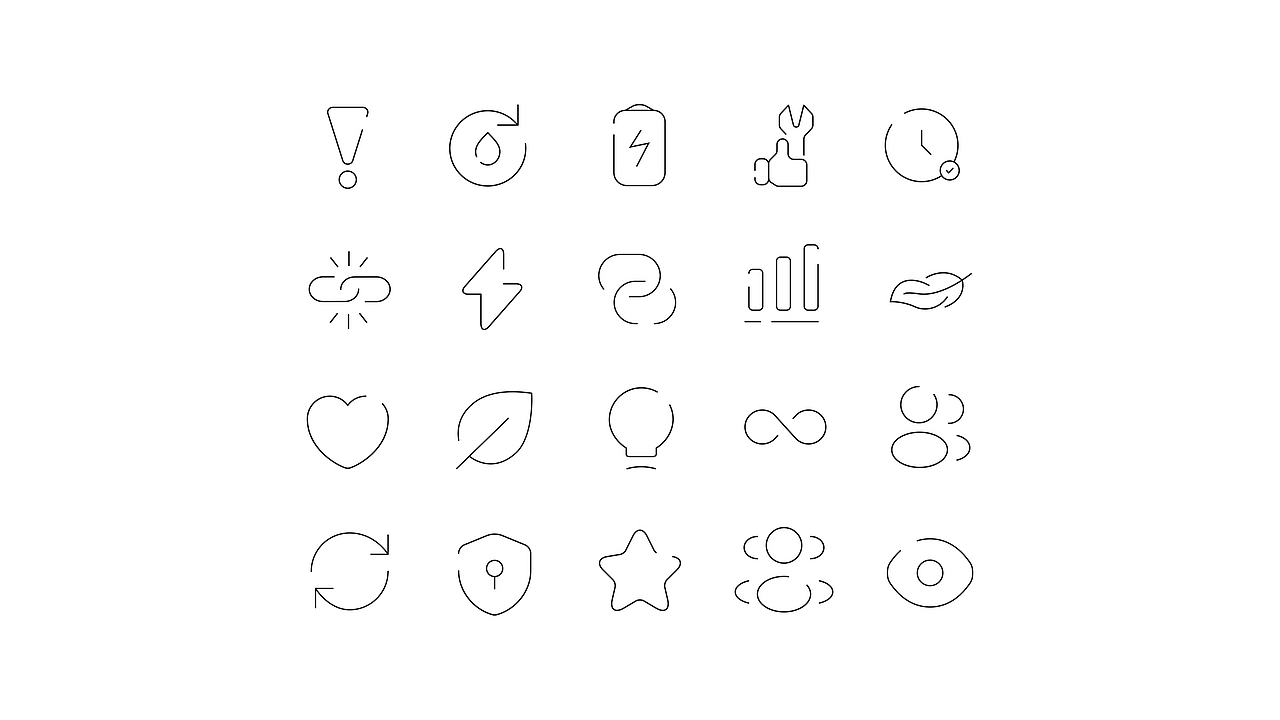 Eine Sammlung von 20 minimalistischen Liniensymbolen, die verschiedene Konzepte im Zusammenhang mit Teijin Carbon darstellen, darunter Energie, Sicherheit, Nachhaltigkeit (Blätter), Technologie und Teamwork. Der Alternativtext beschreibt den Hauptinhalt des Bildes für Barrierefreiheit und Suchmaschinen.