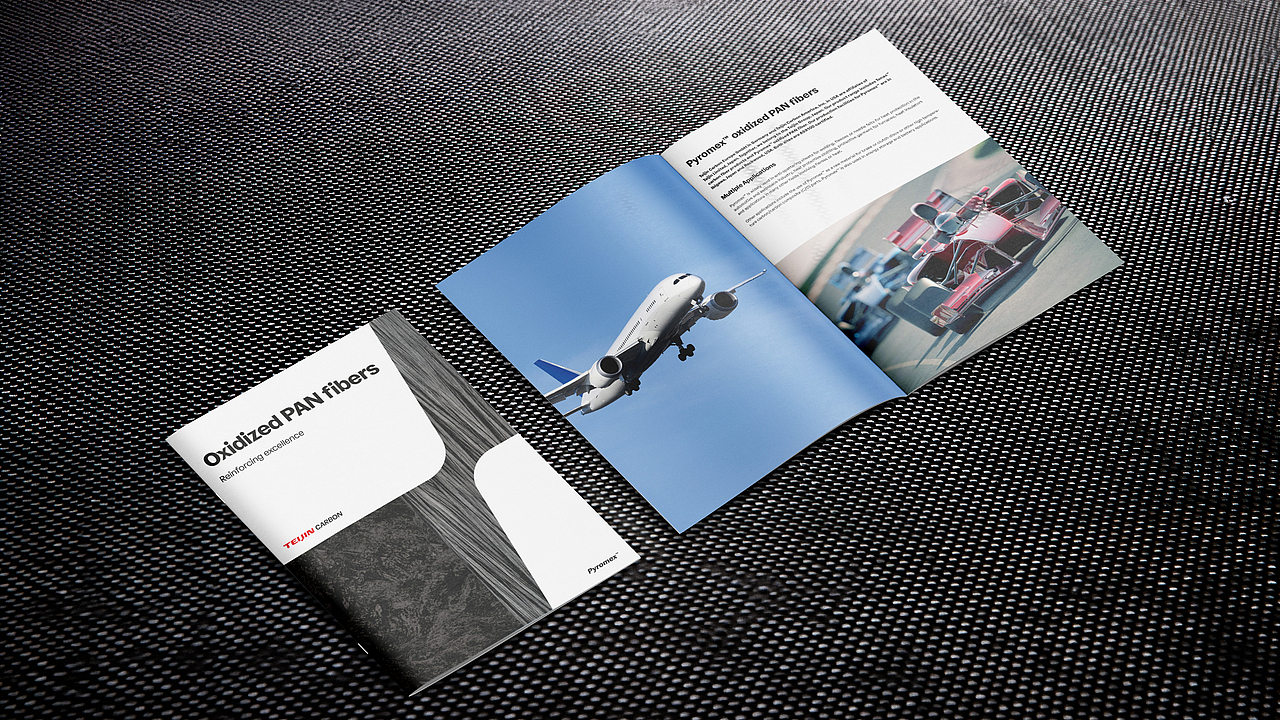 Broschüren für Teijin Carbon Pyromex oxidierte PAN-Fasern mit Flugzeug und F1-Auto.