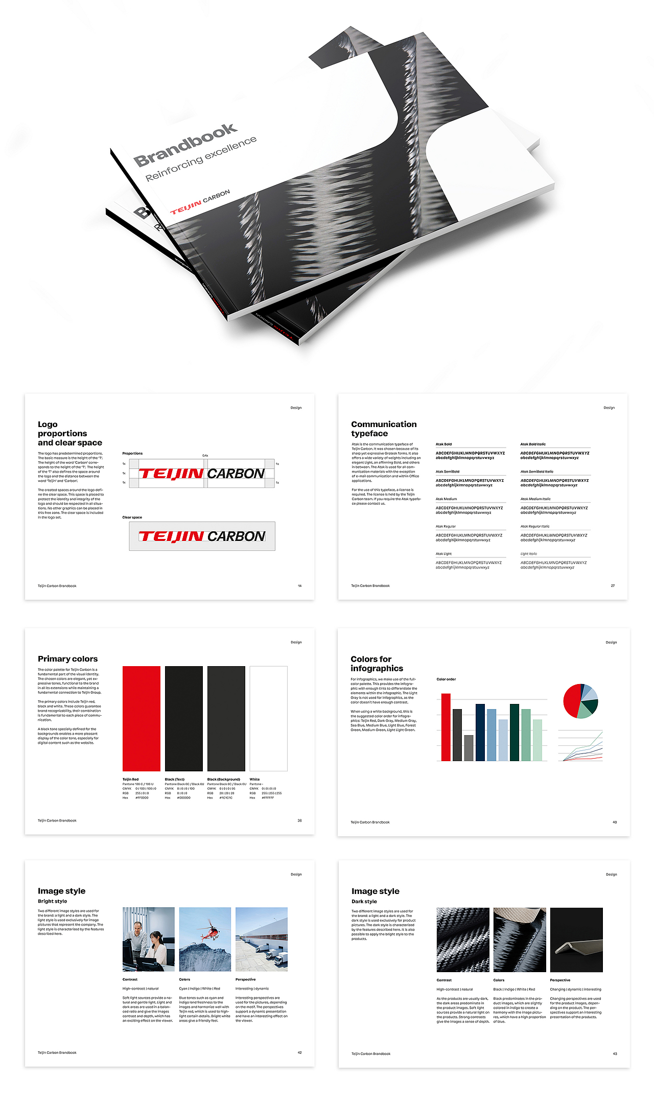 Sechs Seiten aus dem Teijin Carbon Brandbook, die verschiedene Designelemente wie Logos, Farben und Bildstile zeigen.